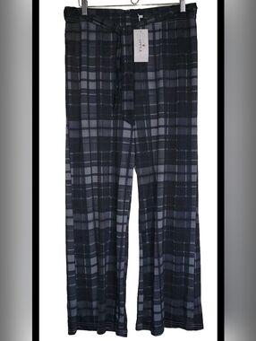 Bon Apple Tea Preppy Plaid Blue Black Pull On Wide Leg Pant Sash XL Lightweight